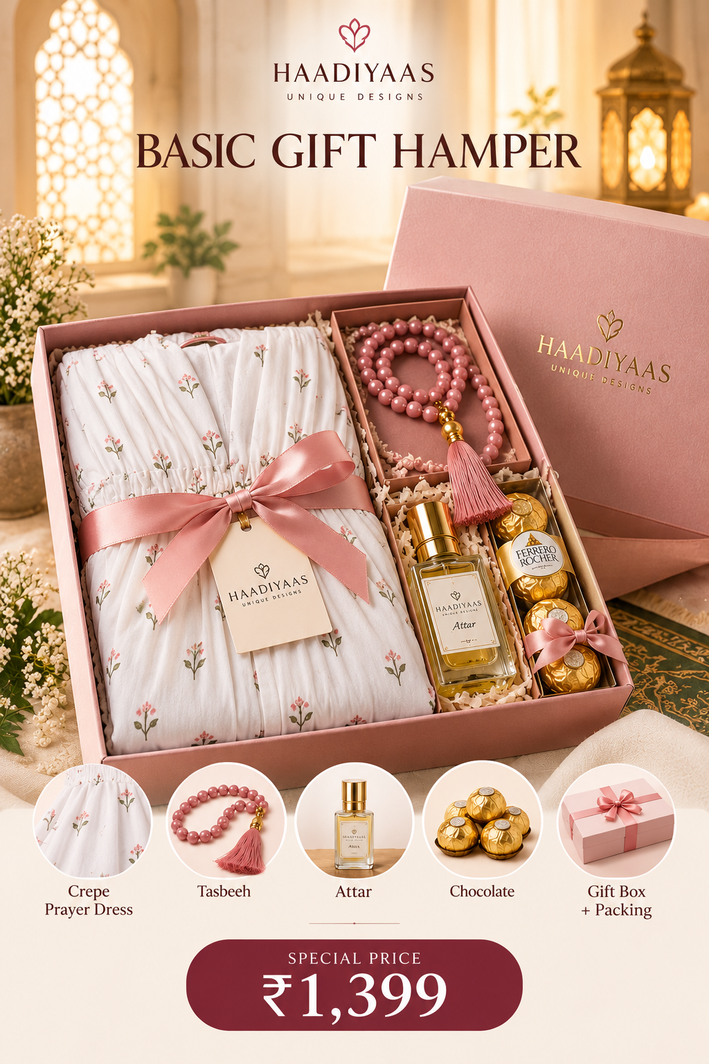 HAADIYAAS Basic Crepe Prayer Dress Gift Hamper