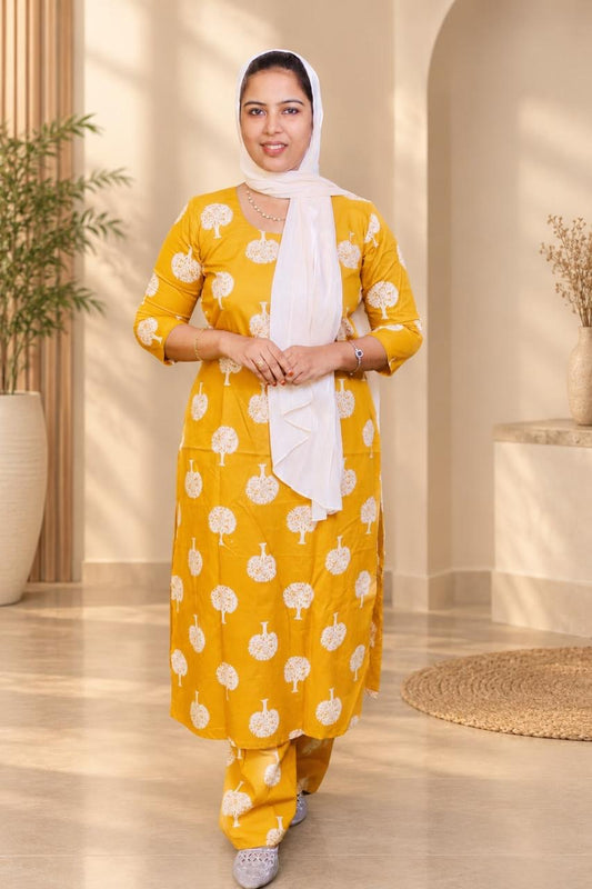 HAADIYAAS Pure Cotton Co-ord Set - Mustard Print