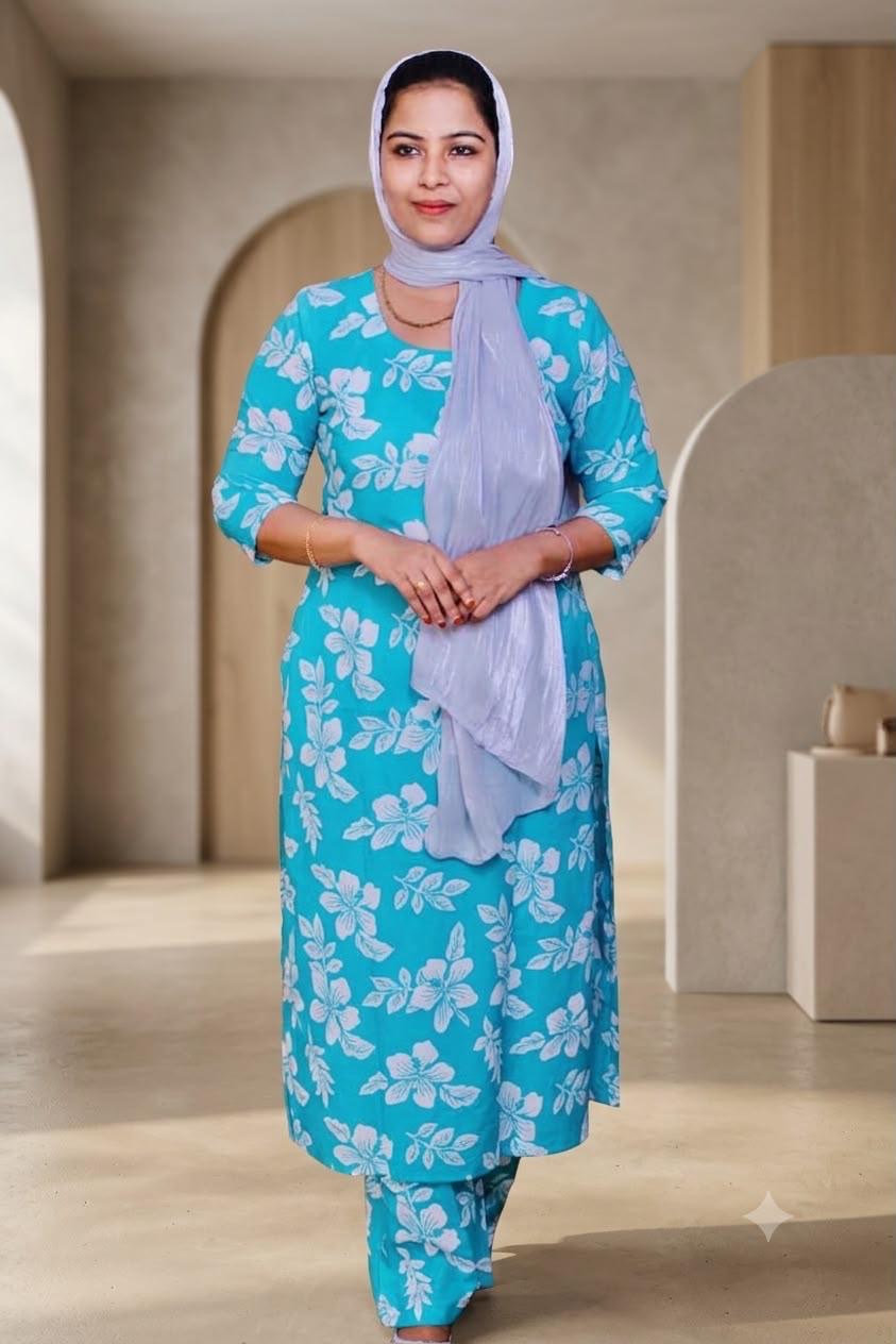 HAADIYAAS Pure Cotton Co-ord Set - Turquoise Floral