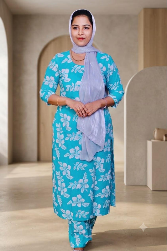 HAADIYAAS Pure Cotton Co-ord Set - Turquoise Floral