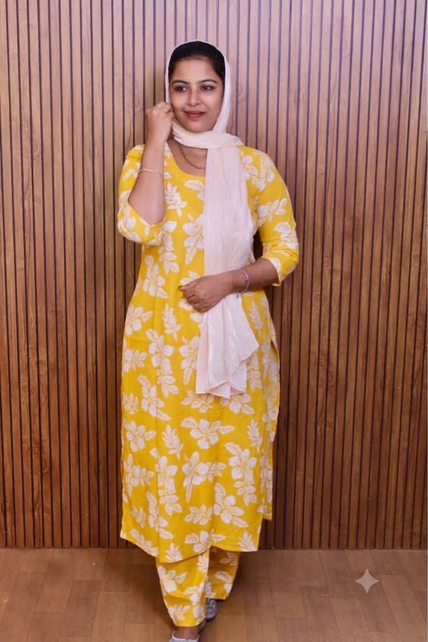 HAADIYAAS Pure Cotton Co-ord Set - Yellow Floral